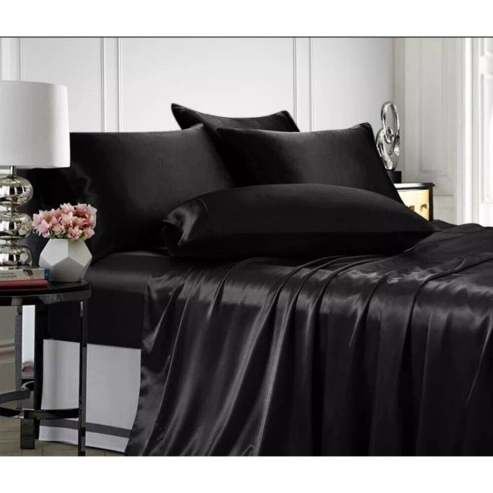 Karl Lagerfeld Black 4 Piece Satin King Sheet Set New